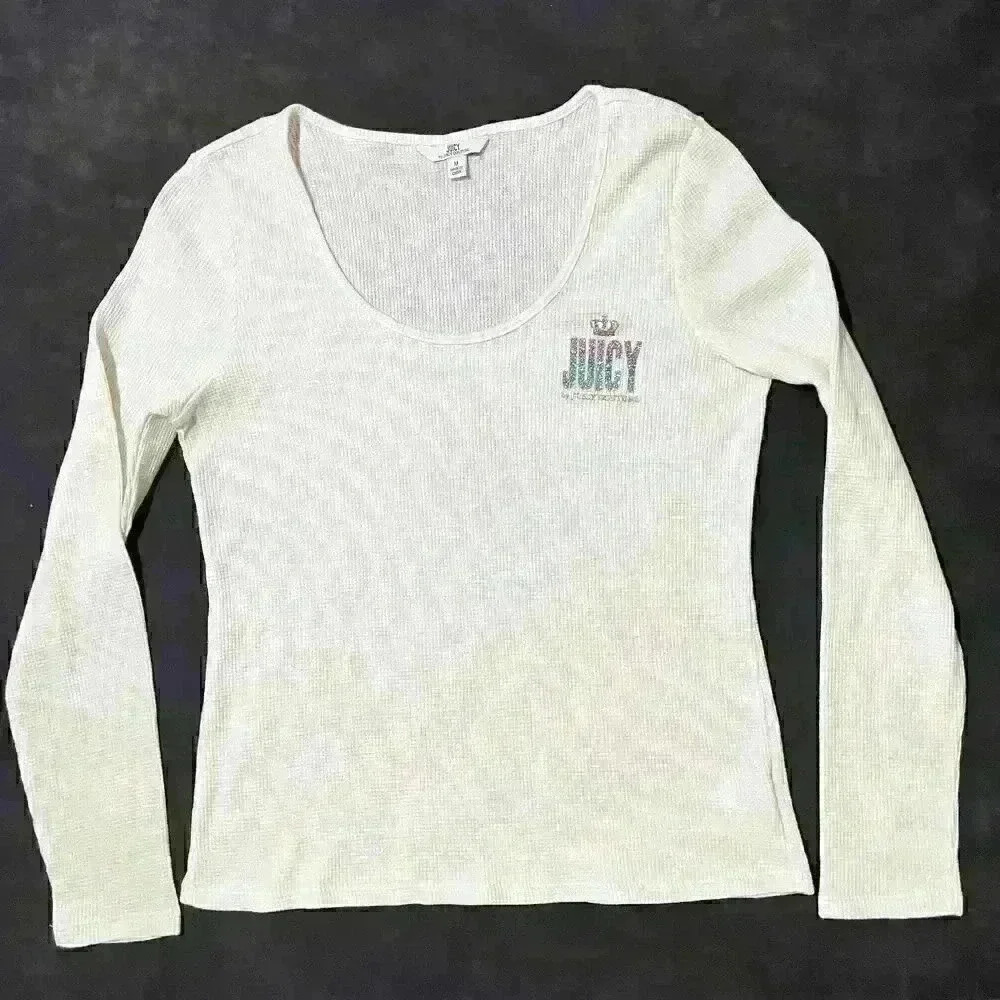 Y2K Juicy Couture Womens Logo Waffle Scoop Neck Long Sleeve Top Size Medium